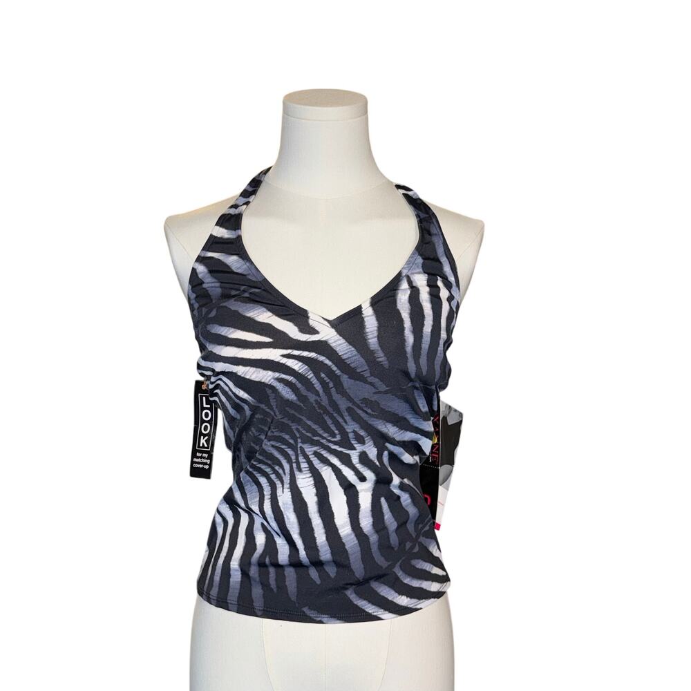 Zebra Print Halter Tankini Top NWT Size 12 34D Black Gray Swimsuit Vtg y2k